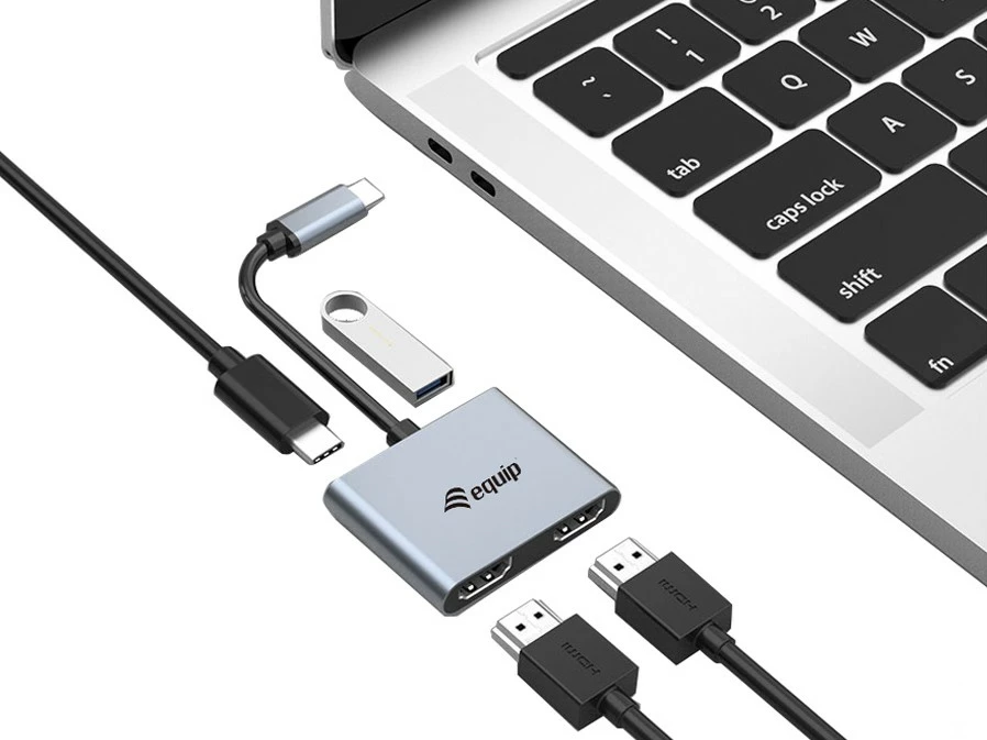 Adapter USB-C 4-në-1 Dual HDMI Equip, 4K Ultra HD, alumini, argjendtë