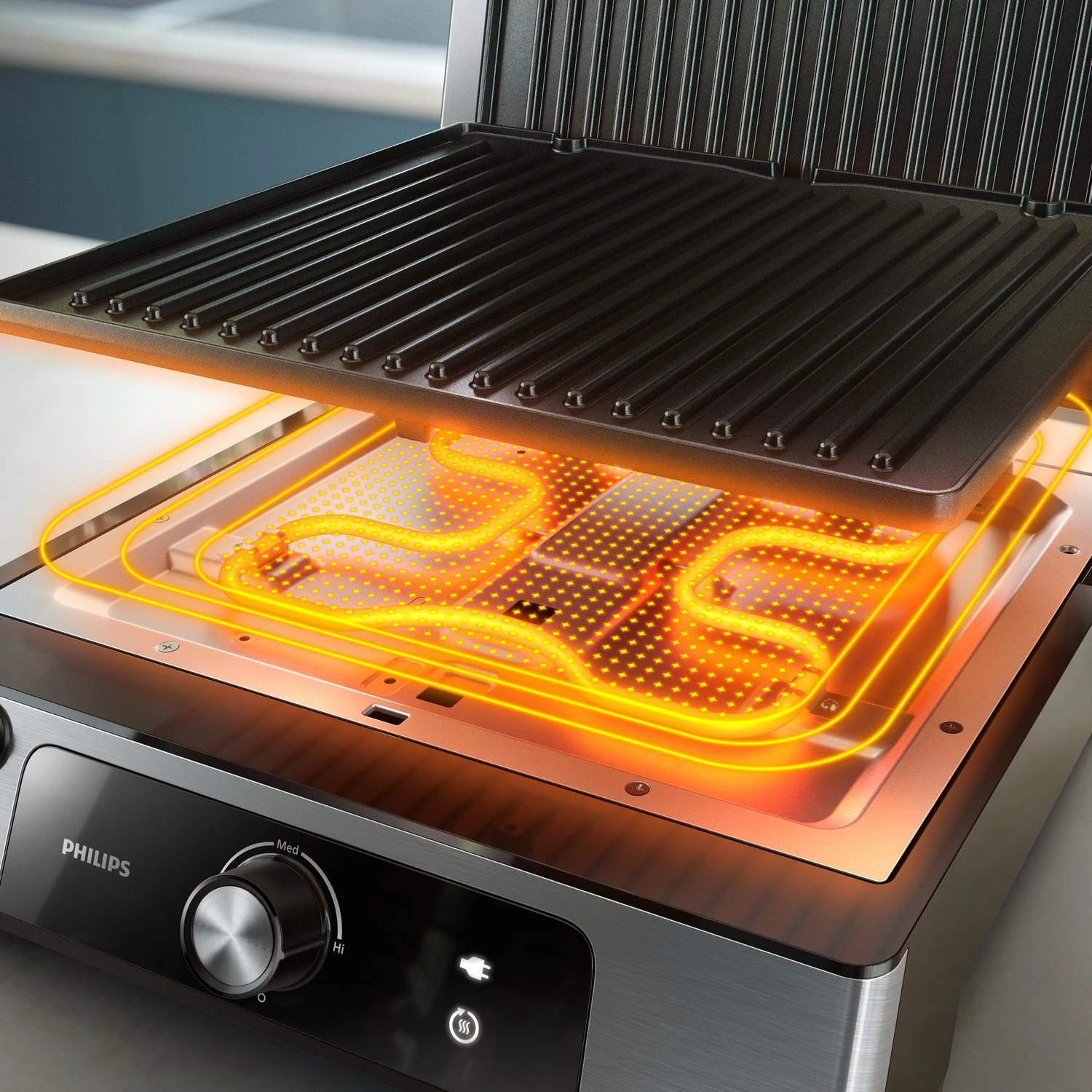 Grill elektrik Philips Series 5000 HD6301/90 2200W, kontakt, 750 cm², pllaka jo-ngjitëse të heqshme, kontroll temperature, me tabaka për yndyrë, zezë/argjendtë, set me 2 pllaka + tabaka