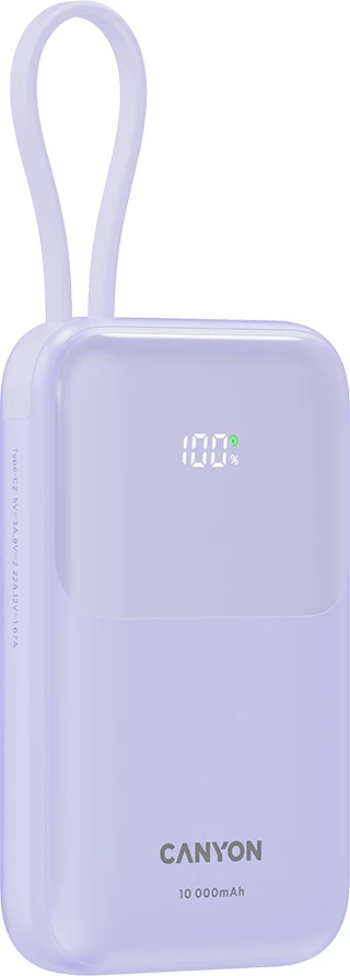Power bank CANYON OnPower 101 10000 mAh PD 22.5W me kabllo Type-C të integruar, vjollcë