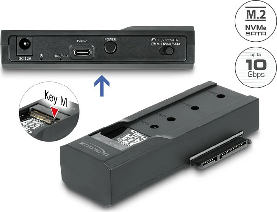 Konvertues USB Type-C DeLOCK për M.2 NVMe/SATA dhe SATA 2.5"/3.5", USB 3.2 Gen 2, i zi