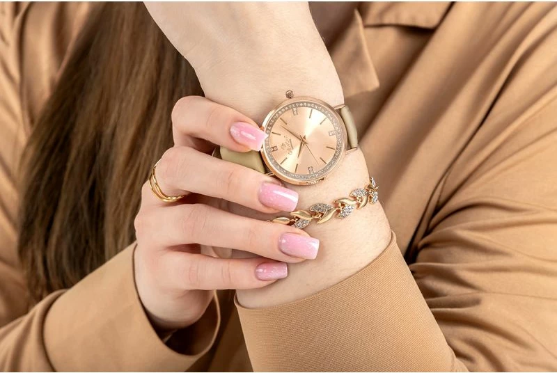 Orë dore femrash Giewont GW5390-A5, rose gold, rrip lëkure, set