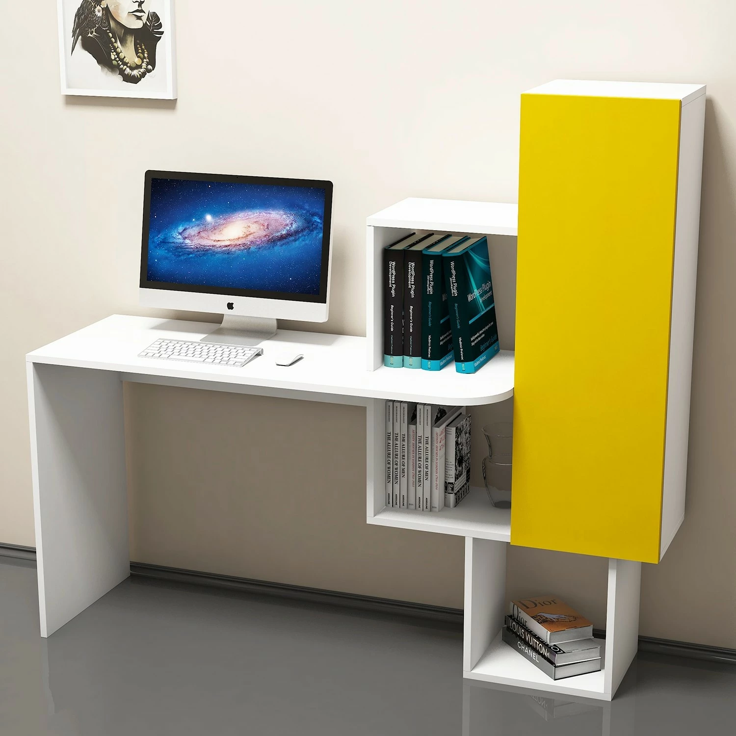 Tavolinë pune me rafte, ngjyrë bardhë-verdhë, Açelya, Hanah Home