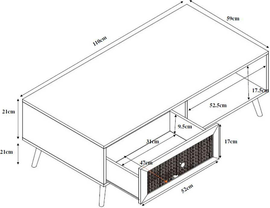 Tavolinë kafeje Ammos, me 1 sirtar, natyrale me ratan, 110x59x41.4