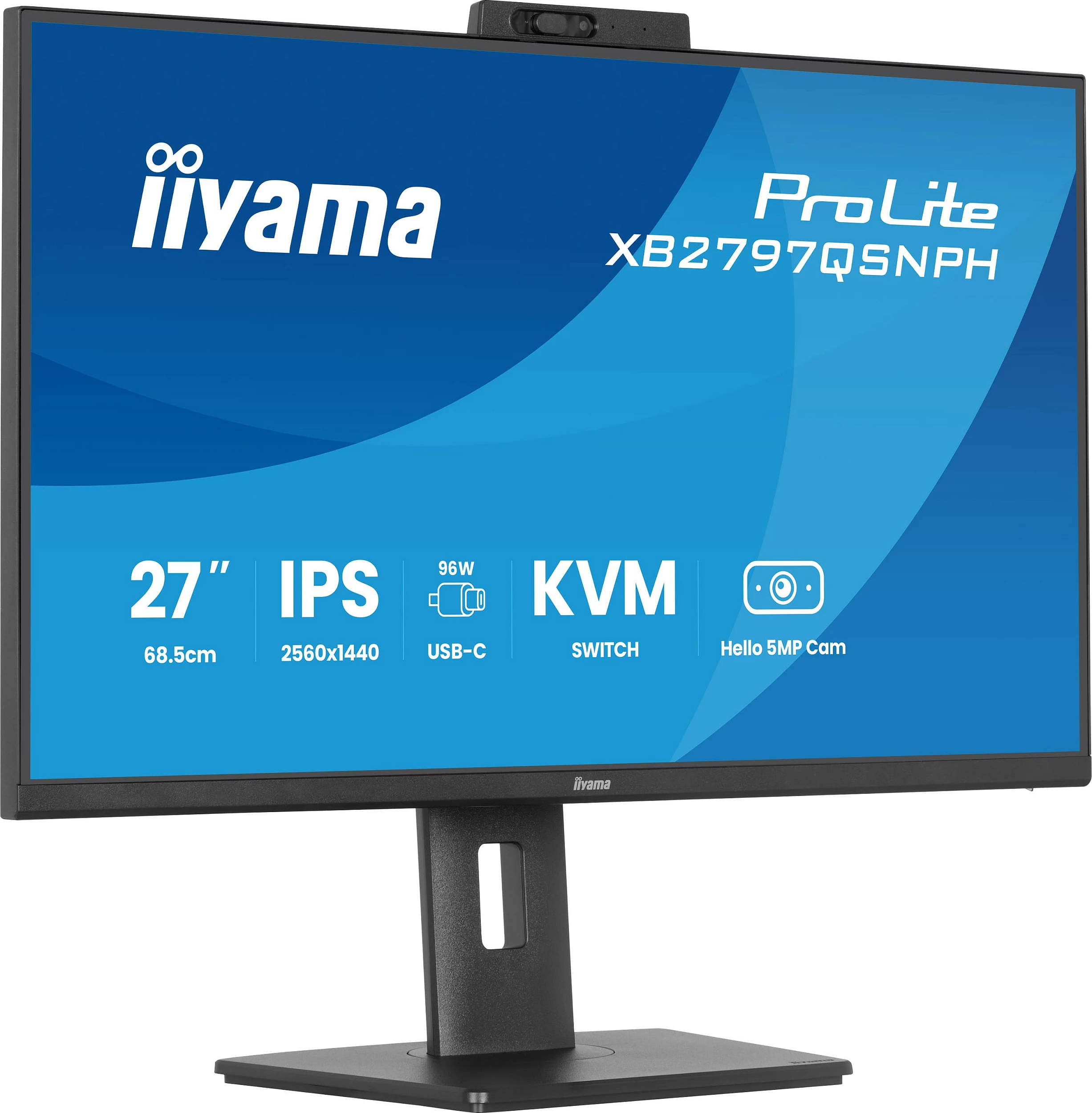 Monitor iiyama ProLite XB2797QSNPH-B1, 27" QHD IPS, 75Hz, 1ms, USB-C 96W, HDMI/DisplayPort, kamerë, i zi