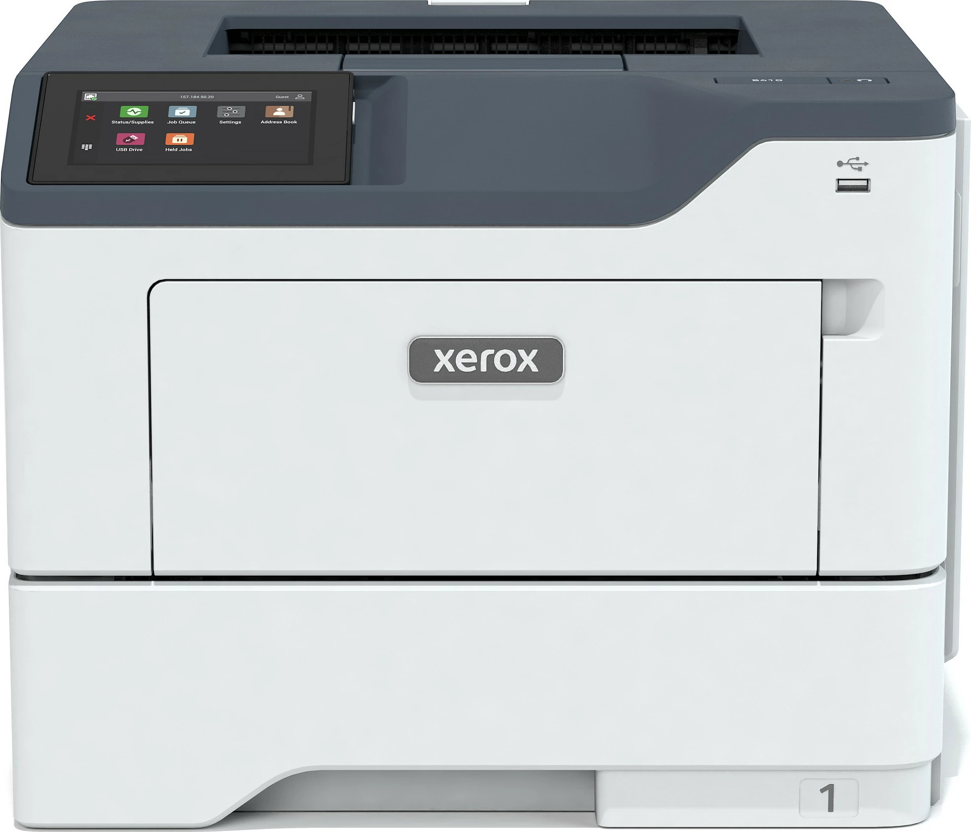 Printer laser Xerox B410, A4, 47ppm, duplex, 2 tabaka 650 fletë, 1200 x 2400 DPI, Ethernet, bardhë/gri