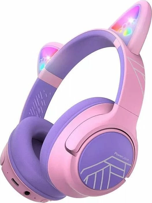 Kufje për fëmijë PowerLocus Bobo Cat Ears, Bluetooth 5.3, on-ear, me mikrofon, 45h, me LED, vjollcë