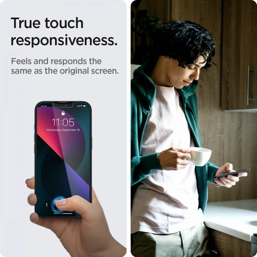 Xham mbrojtës privatësie i kalitur Spigen Glas.tR EZ Fit për iPhone 13/13 Pro/14/16e/17e, 2 copë