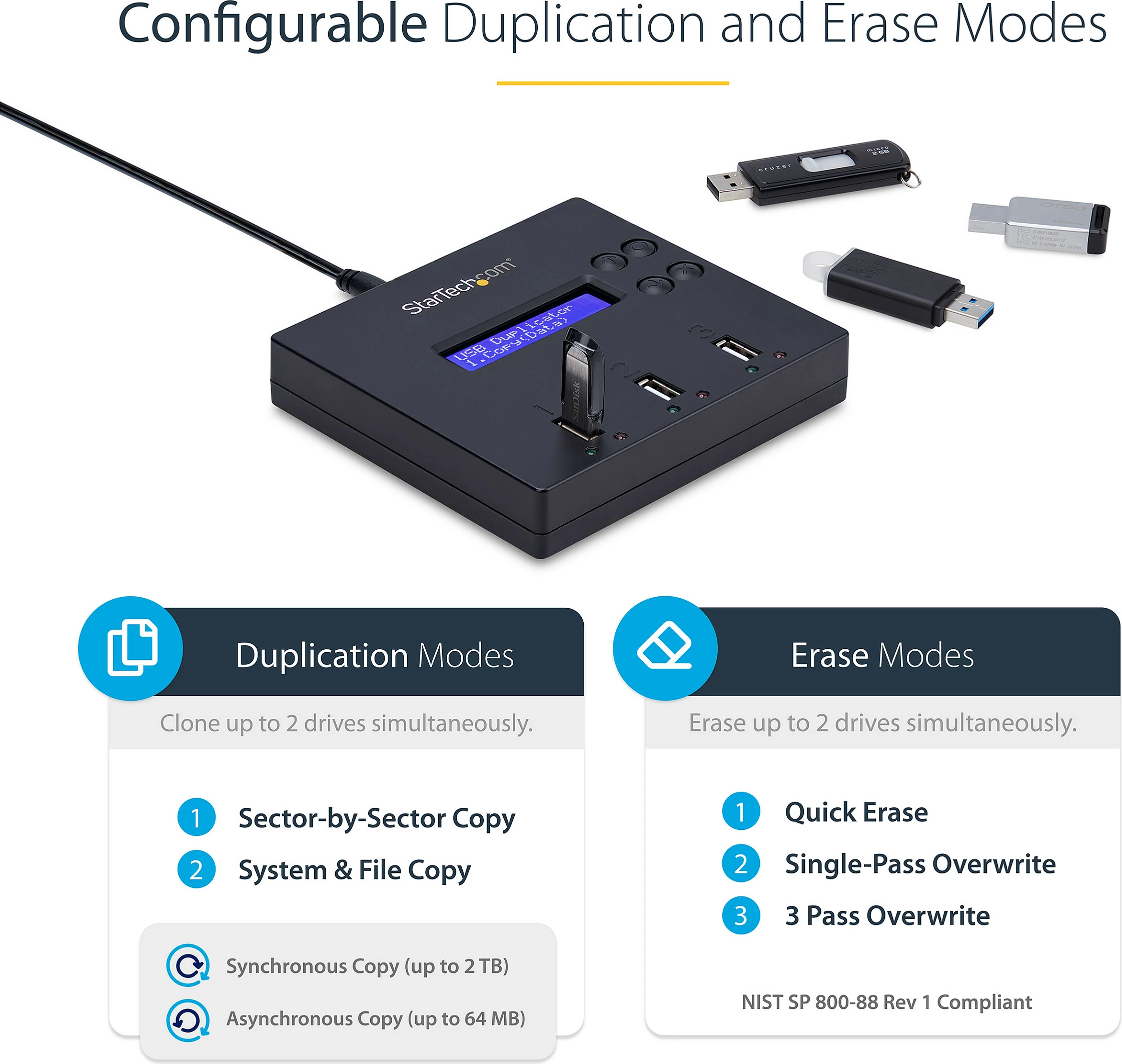 Duplikator USB StarTech 1:2, USB 2.0, me ekran LCD, Copy/Erase, blu