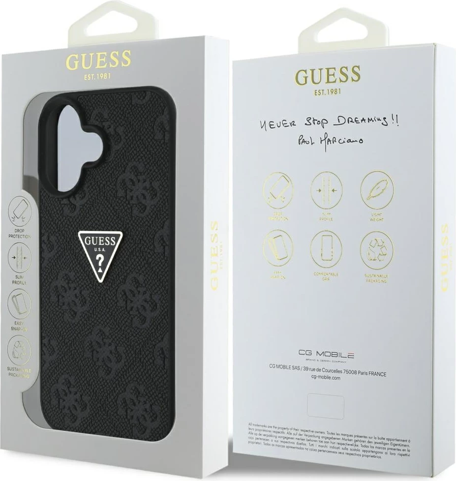 Mbështjellës Guess Hot Stamp 4G Pattern Triangle Metal Logo për iPhone 16, i zi