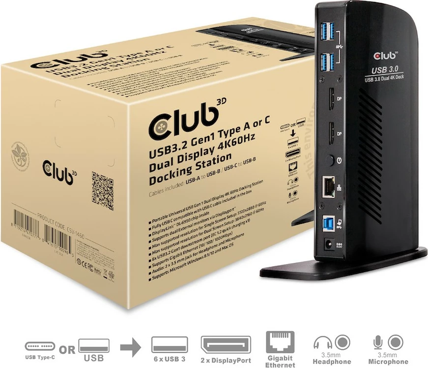 Docking station Club3D USB3.2 Gen1, 2x DisplayPort, 6x USB3.0, Gigabit Ethernet, e zezë