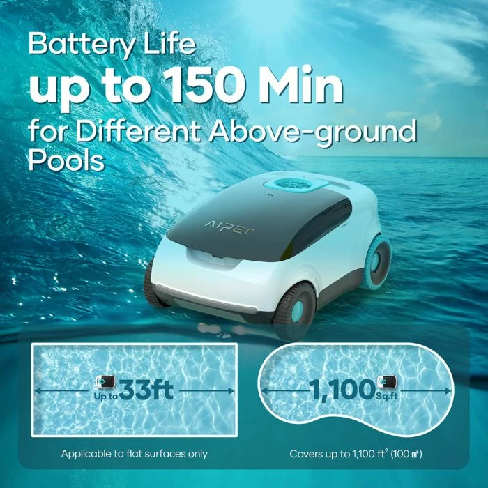robot pastrues pishine AIPER Scuba L1, me bateri 7800mAh, 250 LPM, deri 100m², 100 min, bardh/zi me detaje turkeze
