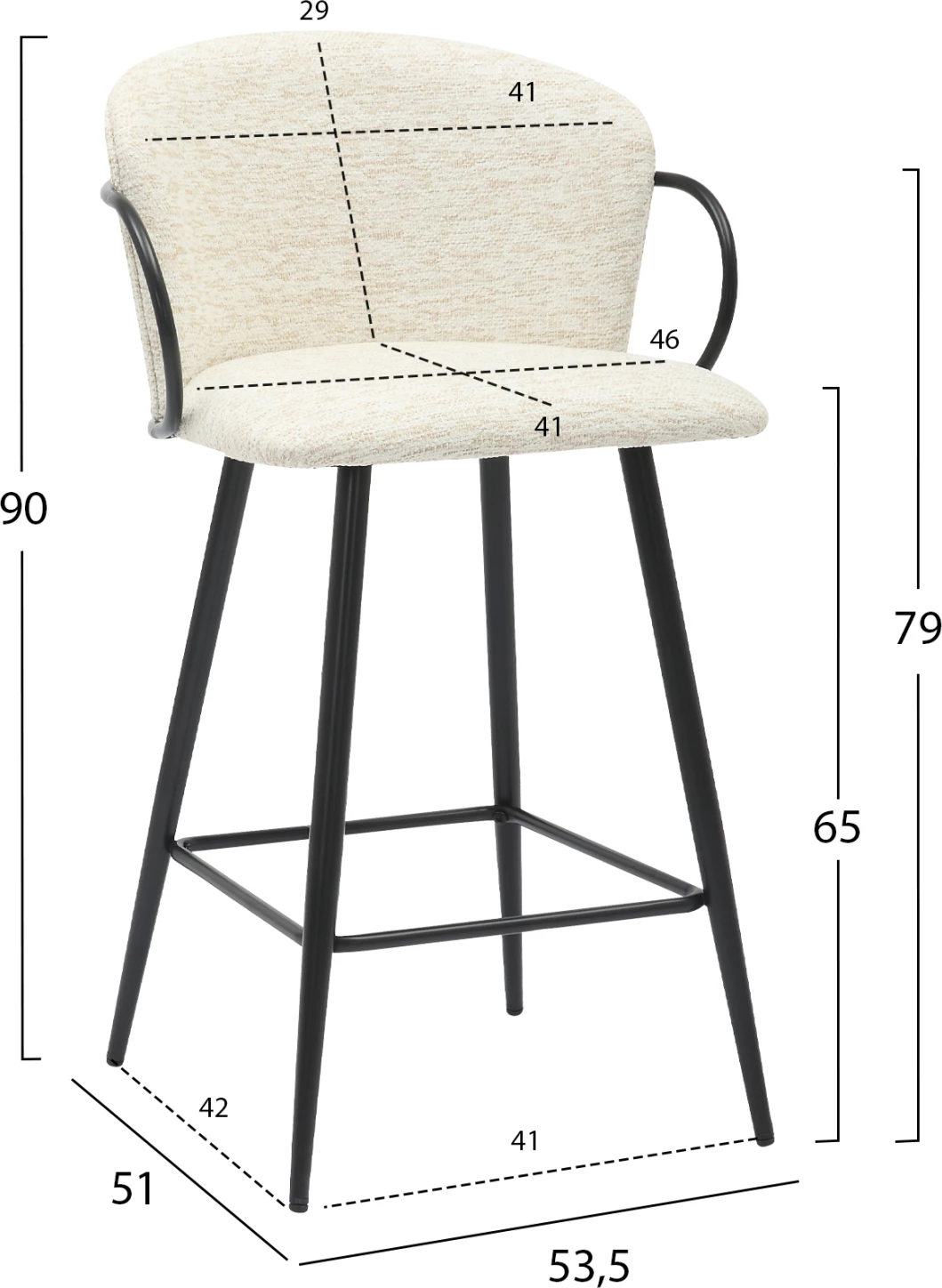Karrige për bar, lartësi mesatare, NEBOR, FH9986.02, kornizë metalike e zezë, pëlhurë ecru, 53,5x51x90H cm, set prej 2 copash