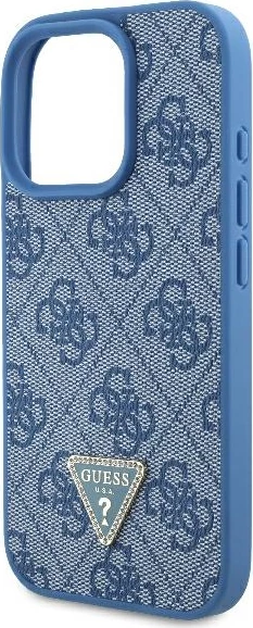 Mbështjellës Guess Leather 4G Triangle Strass për iPhone 16 Pro Max, MagSafe, Kaltër