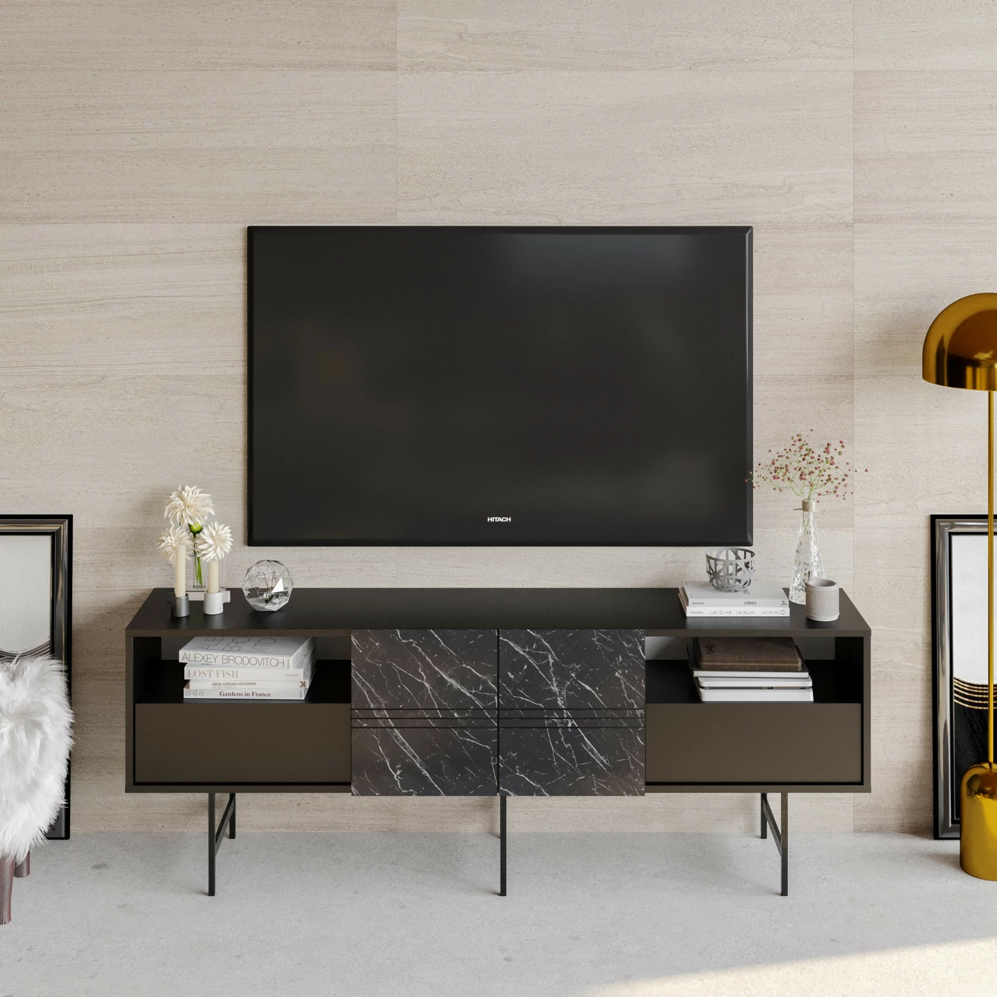 Komodë TV Hanah Home, Derin, e zezë, mermer