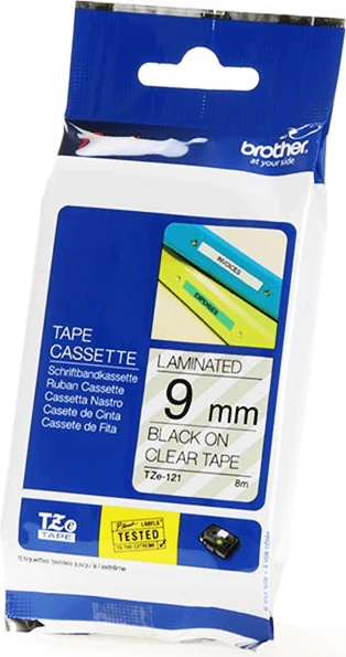 Kasetë etiketimi Brother TZe-121 9 mm 8 m, e zezë në transparente