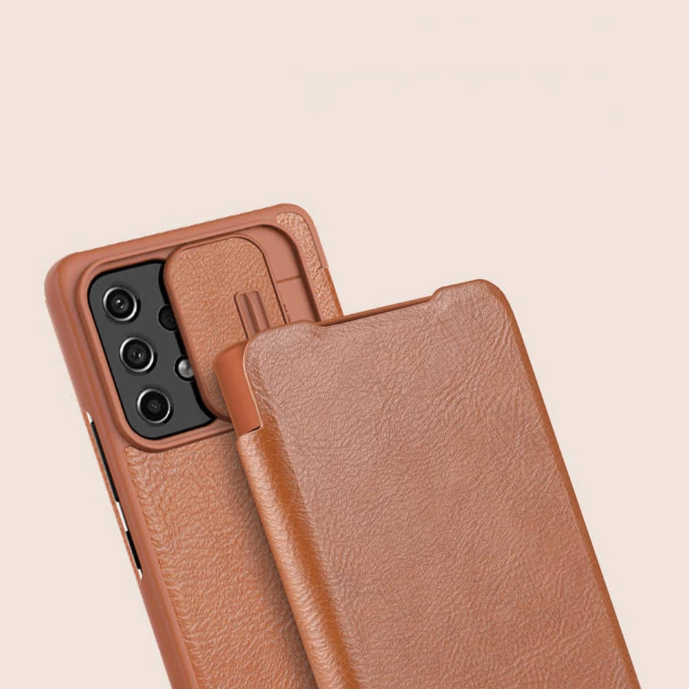 Mbështjellës me kapak NILLKIN QIN Pro për Samsung Galaxy A54, me mbrojtje kamere, me xhep karte, kafe