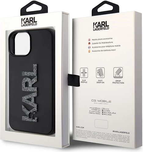 Mbështjellës Karl Lagerfeld 3D Rubber Glitter Logo për iPhone 15, i zi