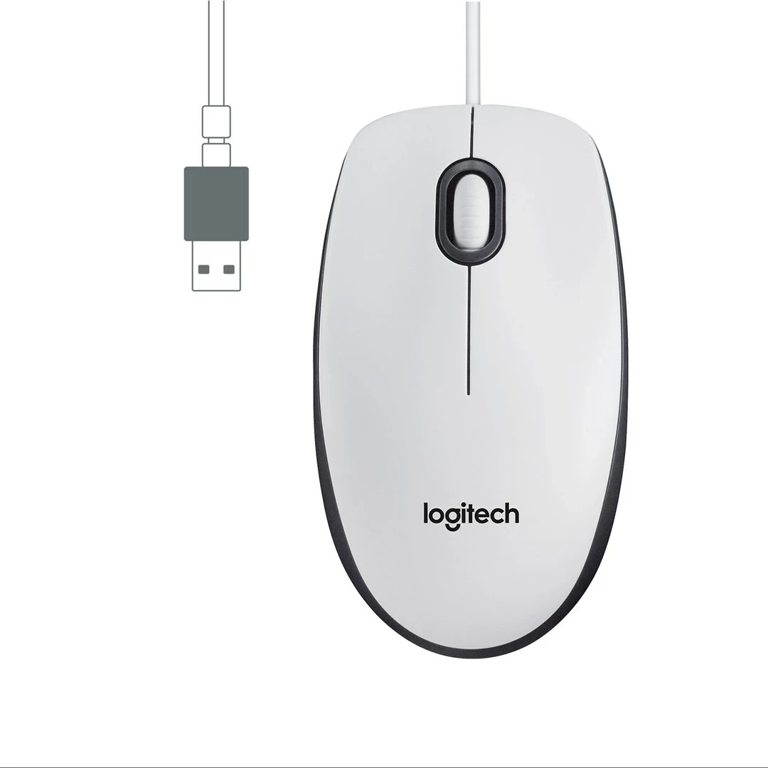 Maus Logitech M100, me kabllo, USB, i bardhë