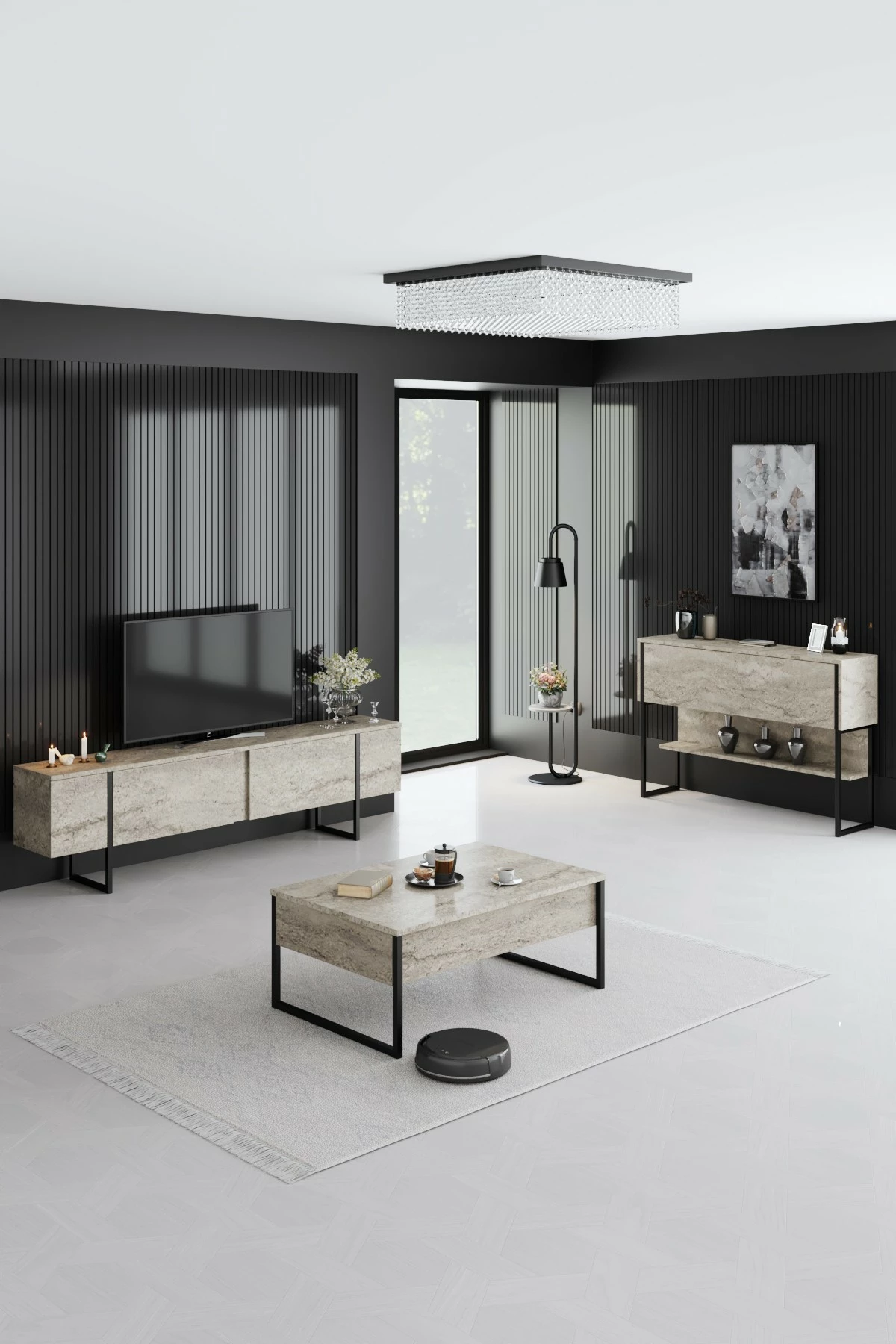 Komodë për TV Hanah Home, Luxe, travertin, e zezë