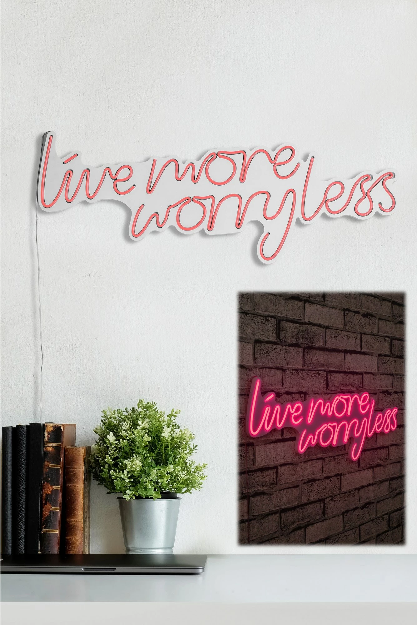 Dekor dritash LED plastike, 'Live More Worry Less', ngjyrë rozë