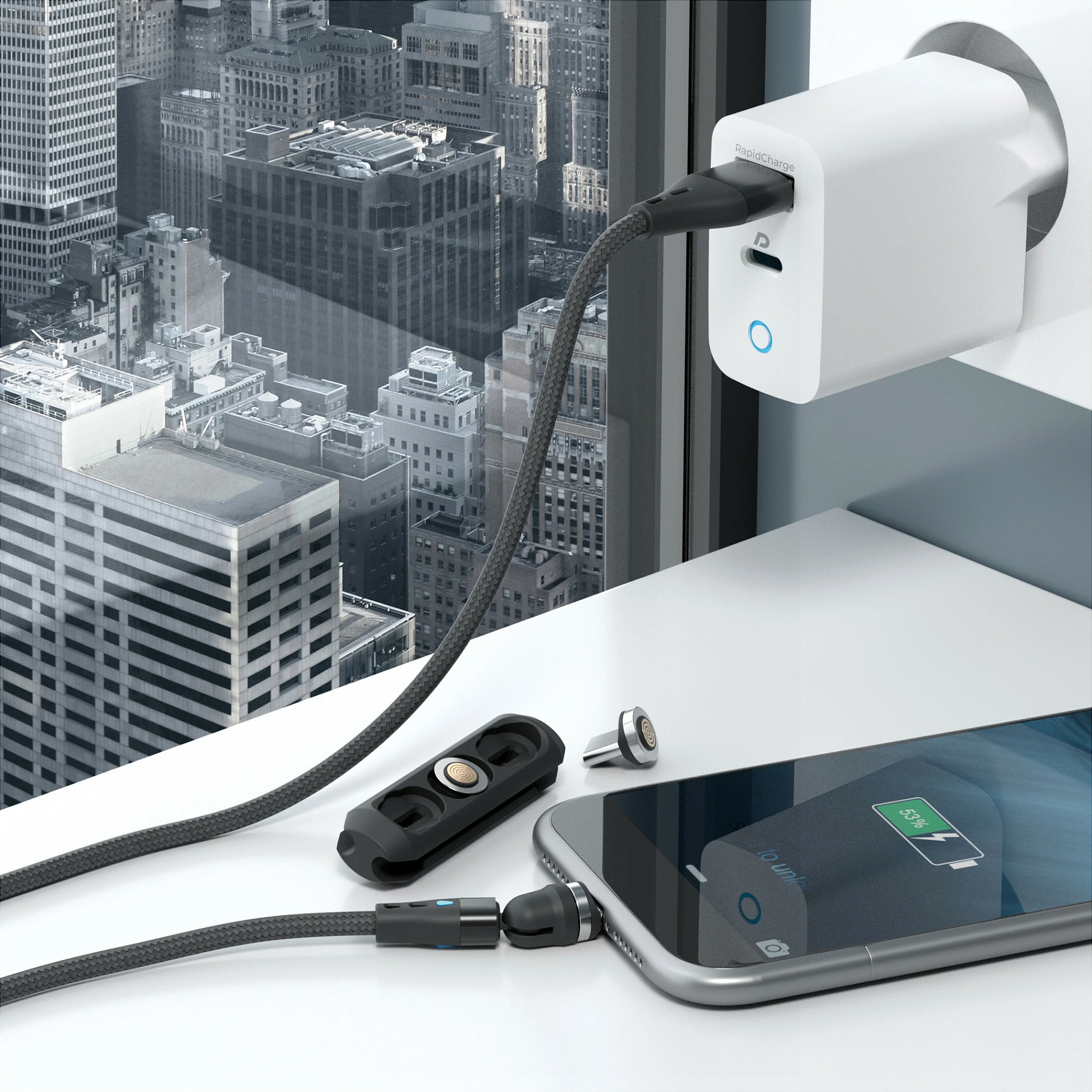 Kabllo magnetike RealPower 3A 1m USB-A me adaptera, e zezë
