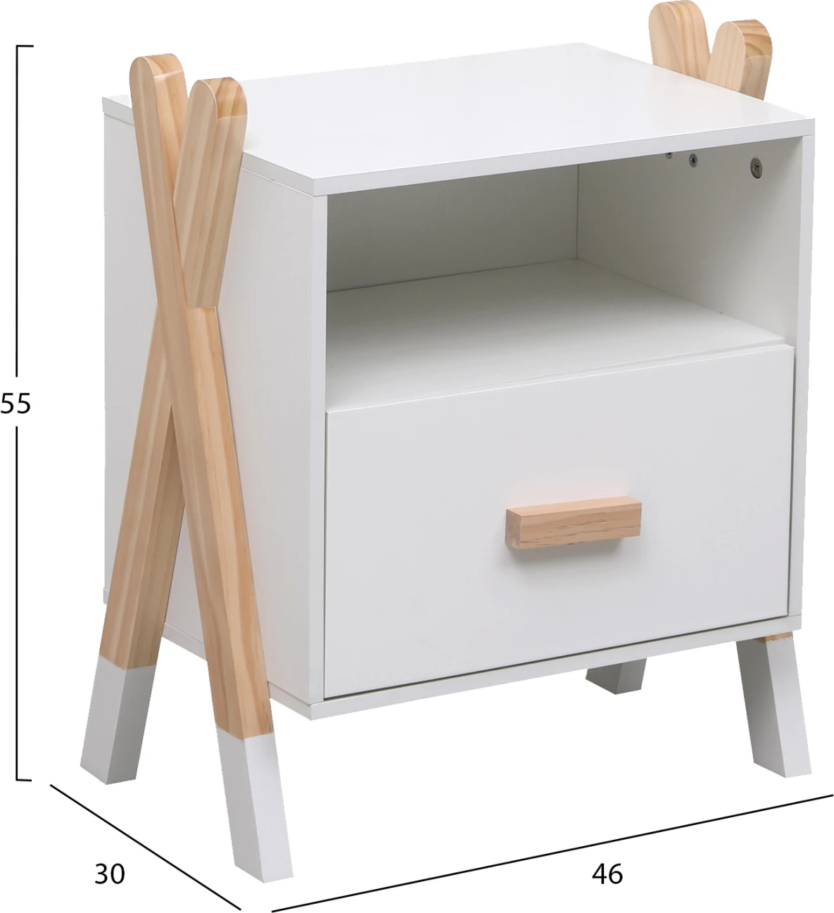 Komodinë natës PASCHAL, melaminë e bardhë, dru pishe natyrale, 46x30x55cm