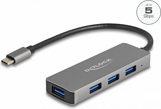 USB-C HUB DeLOCK 4Port, 4x USB 3.2, 5 Gbps, metal, gri