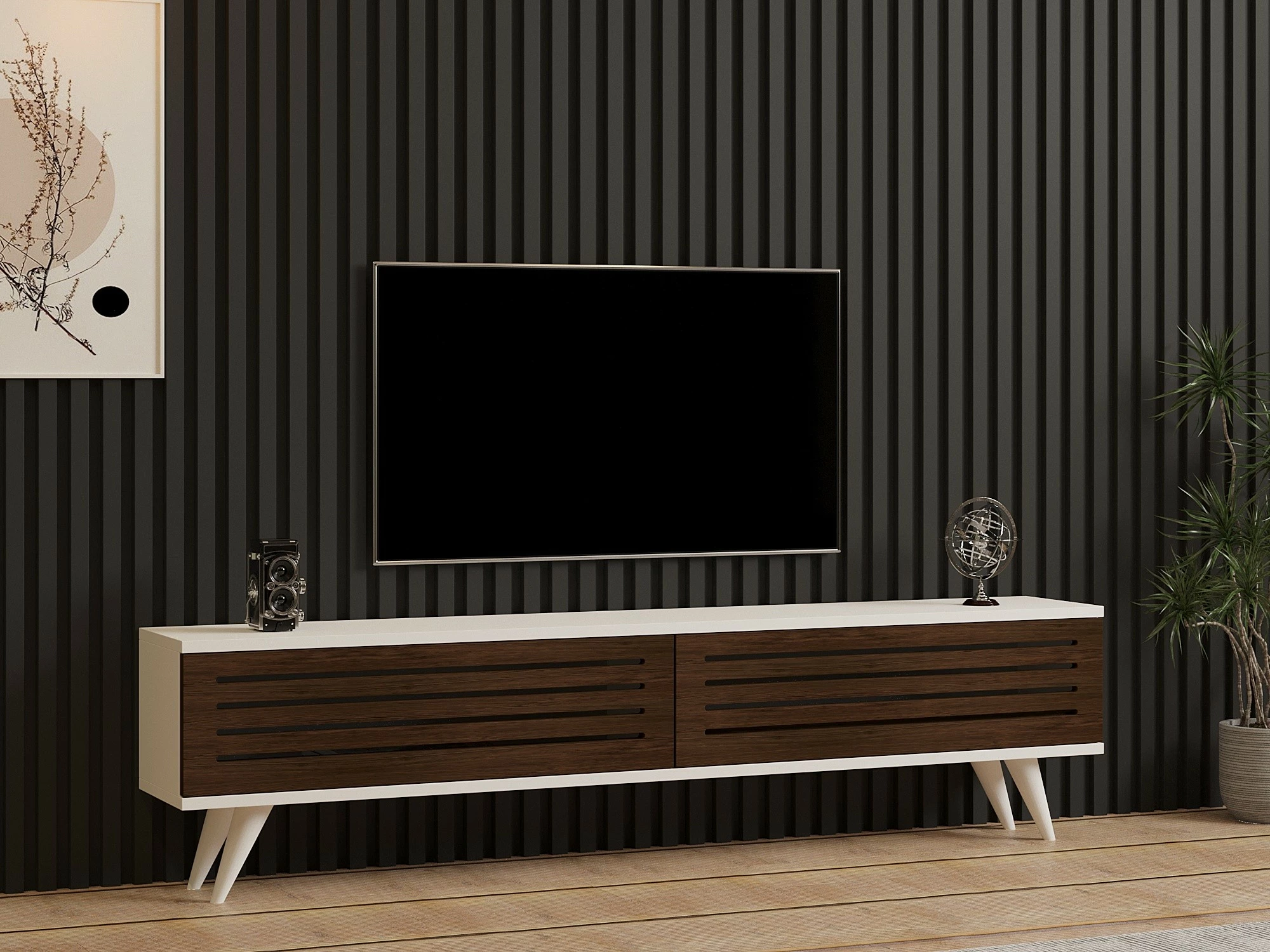 Komodë TV Hanah Home, Hill, ngjyrë arre dhe e bardhë