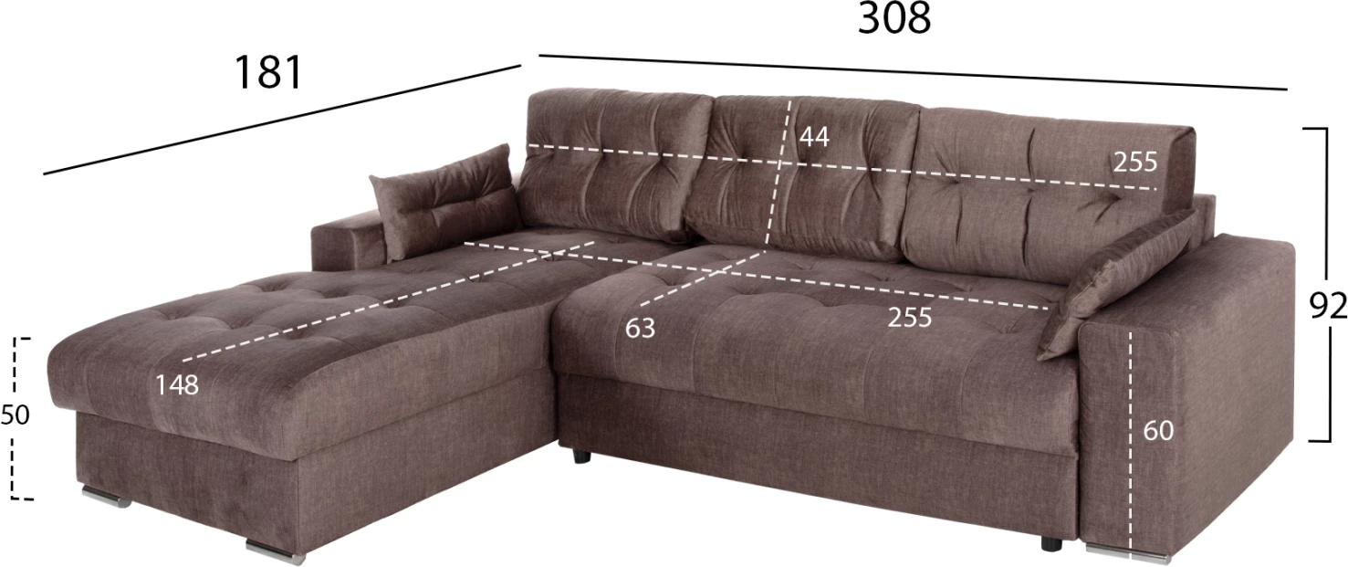 Divan-krevat qoshe (majtas) me hapësirë ruajtëse CLANCY FH3281.03L stof kafe 308x181x92H cm