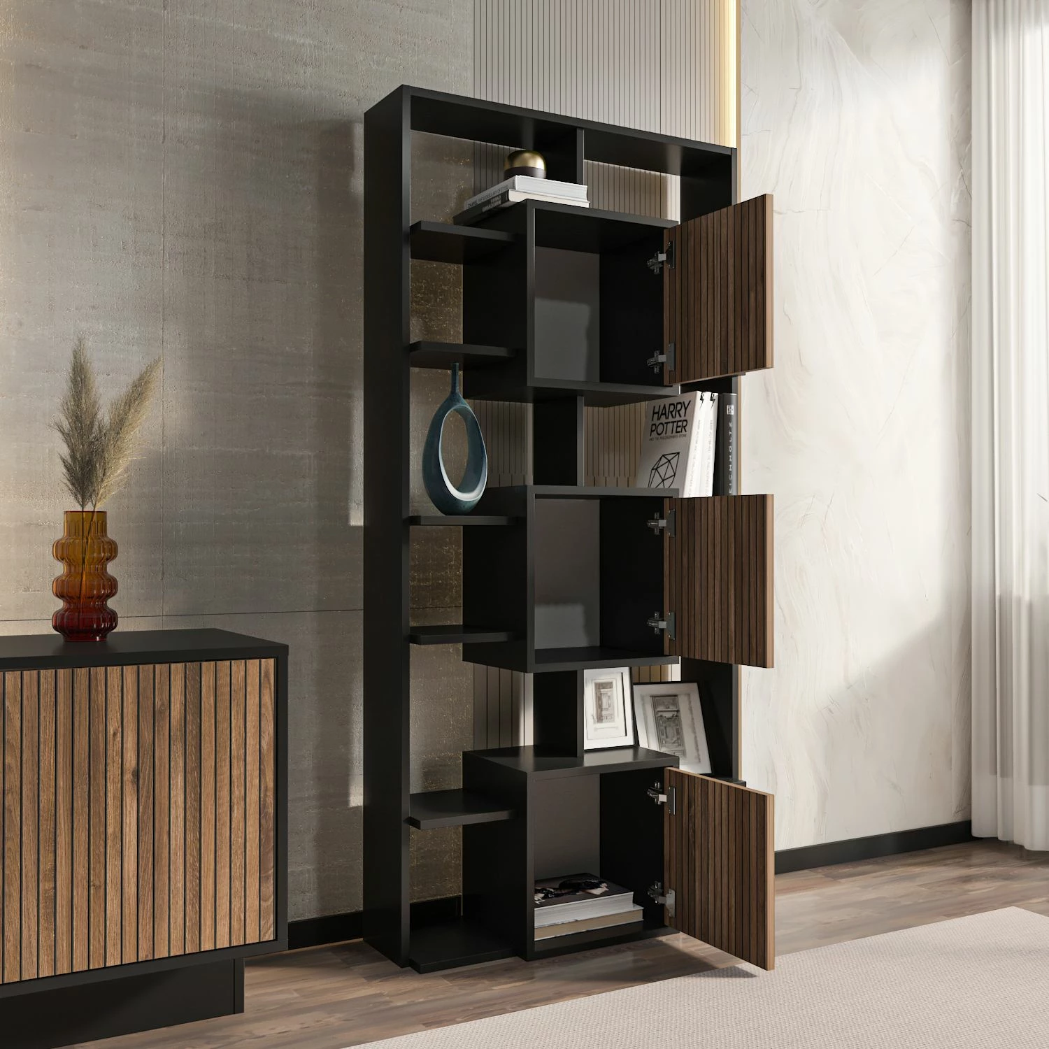Raft librash Skye Decor, ngjyrë e zezë dhe arre e çelët