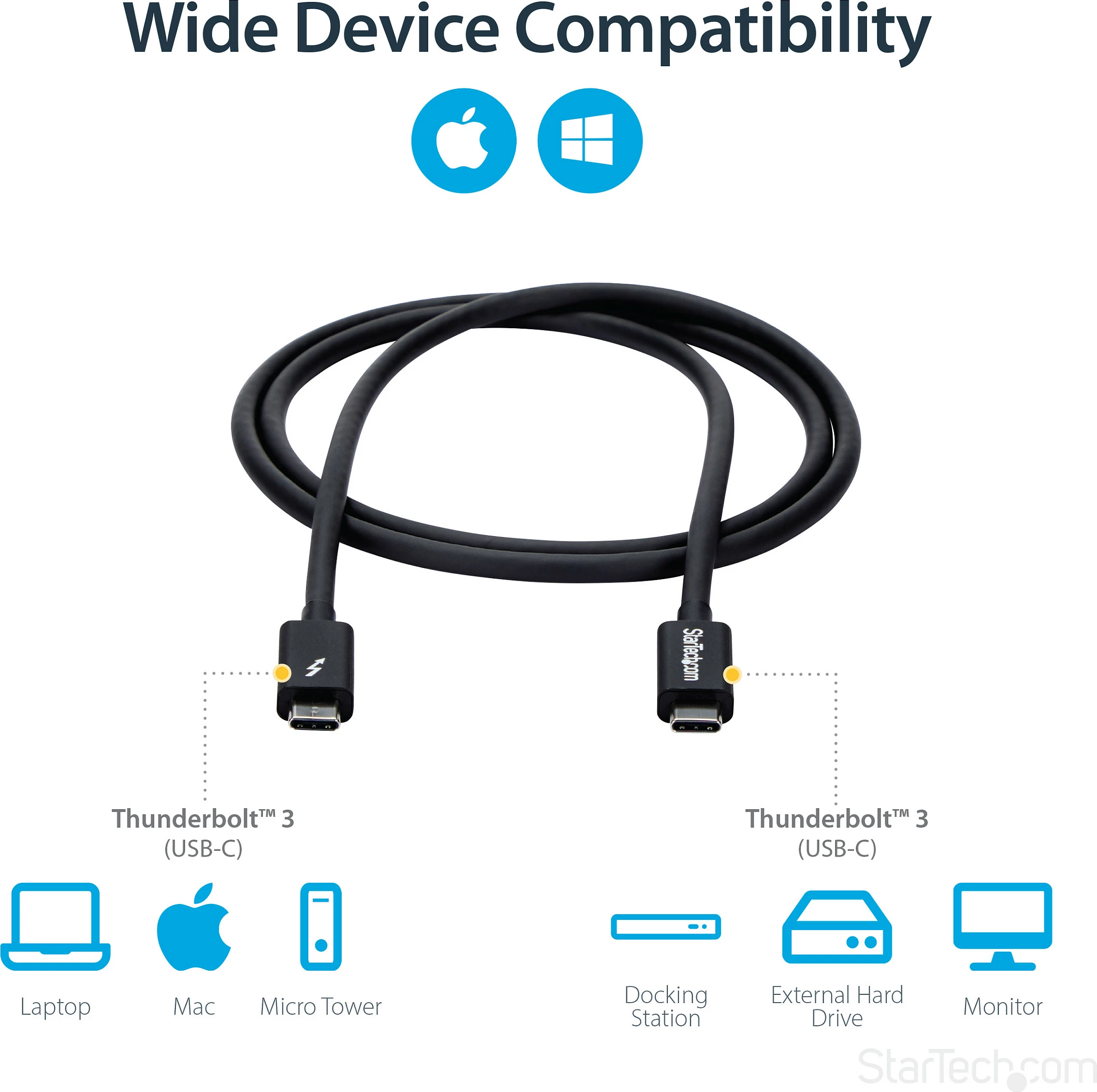 Kabllo Thunderbolt 3 USB-C StarTech TBLT3MM1M, 1m, 20Gbps, 4K 60Hz, e zezë