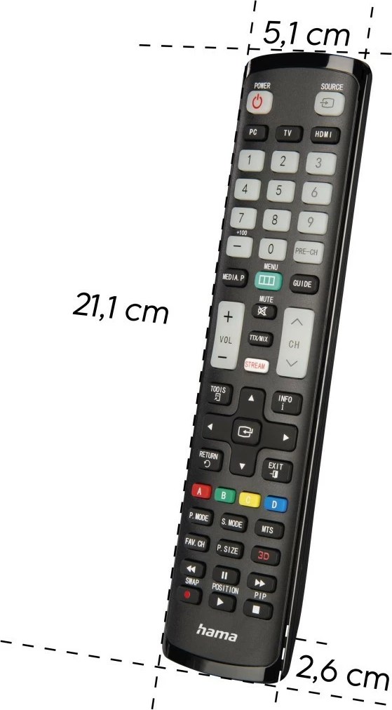 Telekomandë TV Hama 221060 me funksion mësimi, IR 1:1, butona që ndriçojnë, kompatibile Samsung, me bateri AAA, e zezë