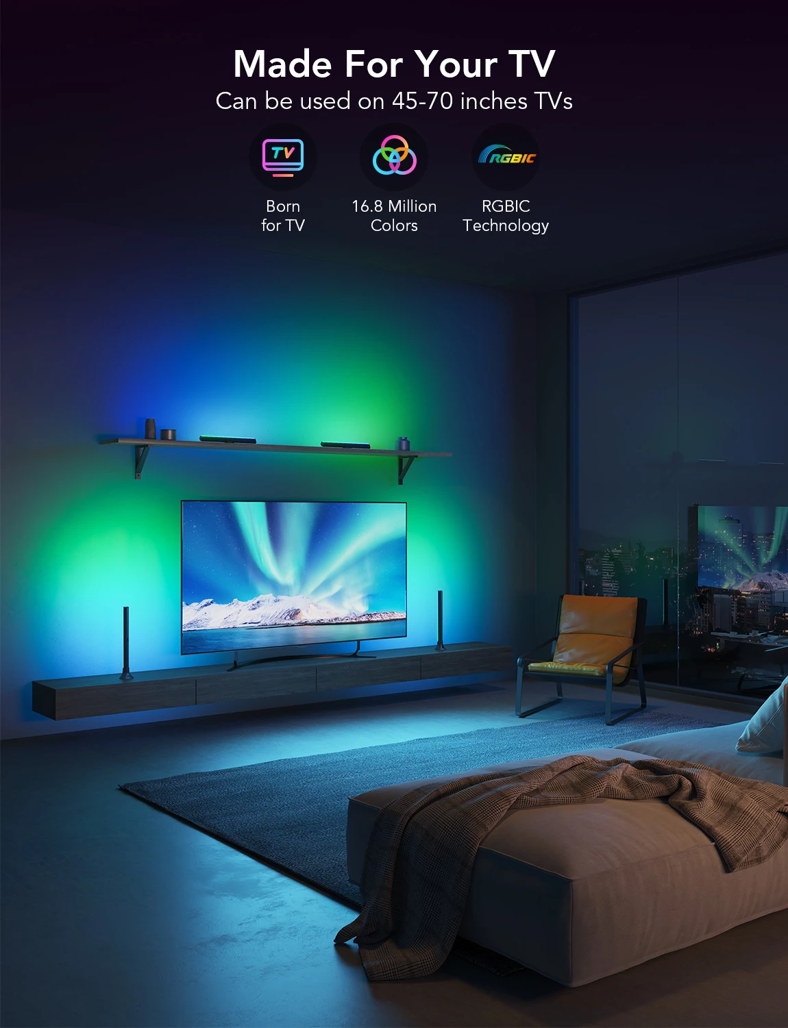 TV light bars Govee H6046 RGBICWW, për TV 45–70", EU 2-pin plug, set 2 copë