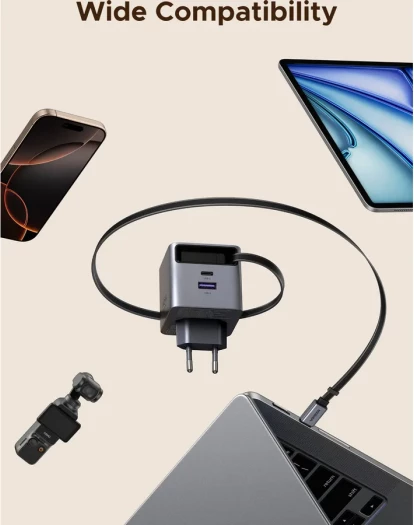 Karikues UGREEN 65825 65W GaN USB-C me kabllo tërheqëse 0.7 m, 2x USB-C + USB-A, gri