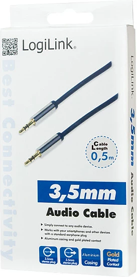 Kabllo audio LogiLink, 3.5mm (3-pin) M-M, 0.5m, metal, kaltër