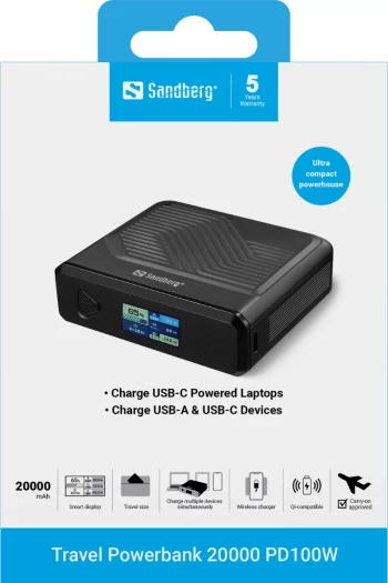 Powerbank Sandberg Travel 421-25 20000mAh PD100W me karikim pa kabllo, e zezë