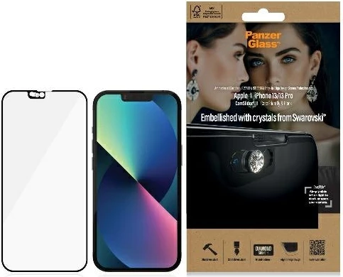 Xham mbrojtës PanzerGlass E2E Microfracture për iPhone 13/13 Pro, me kristal Swarovski, kornizë e zezë