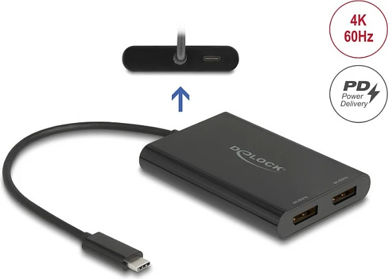 Adapter USB-C DeLOCK 64308, 2x DisplayPort 4K 60Hz, USB-C PD 100W, 0.2m, i zi