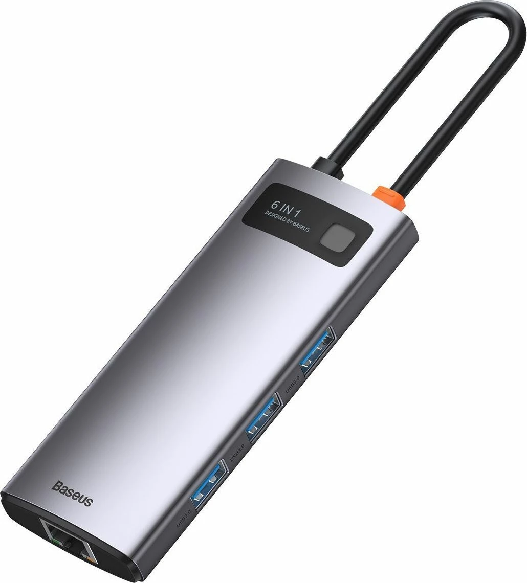 Hub USB-C Baseus CAHUB-CW0G 6-në-1, HDMI 4K, 3x USB 3.0, LAN Gigabit, USB-C, argjend