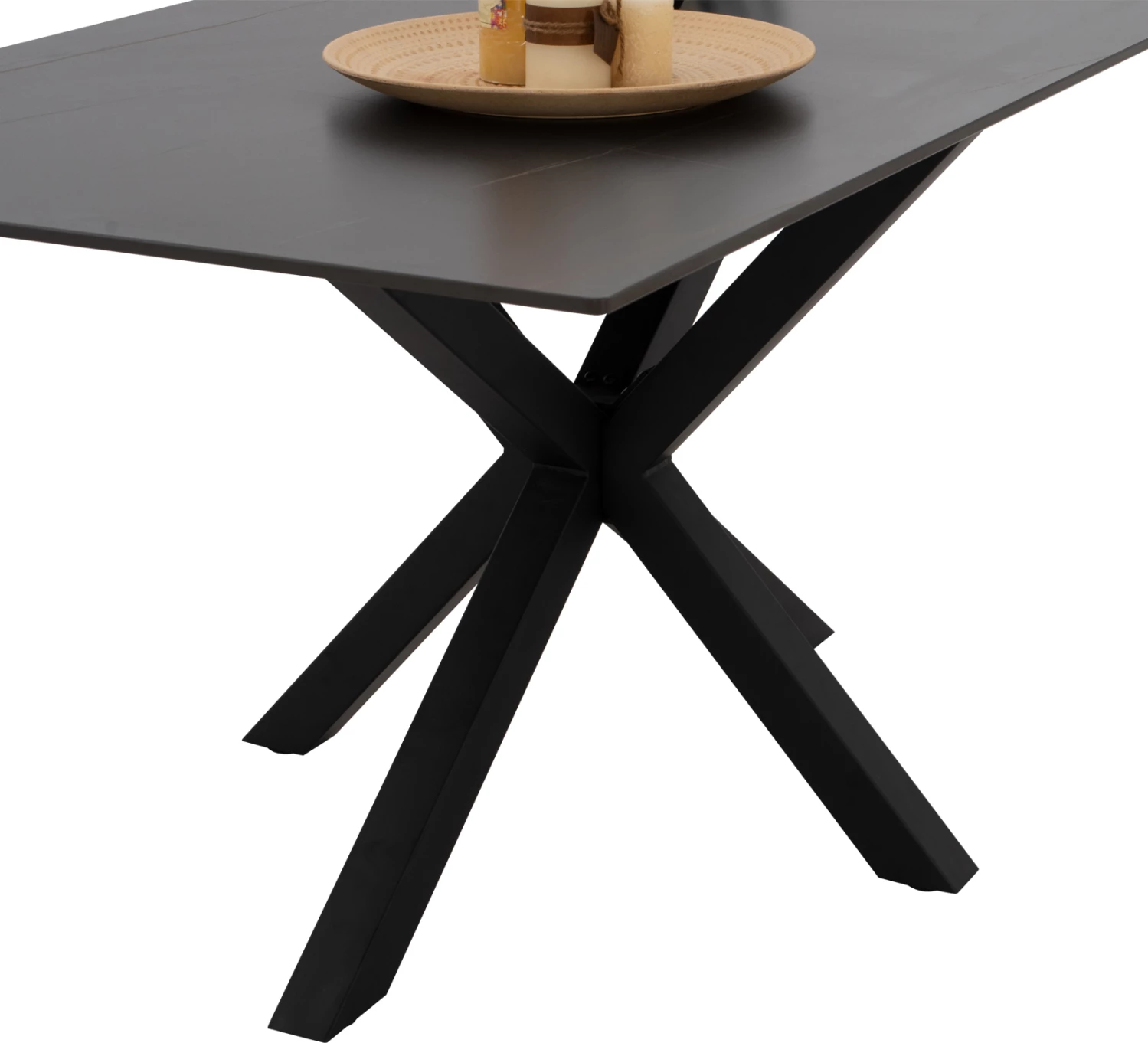 Tavolinë për ngrënie, gur i sinteruar, këmbë metali të zeza, 160x90x75 cm