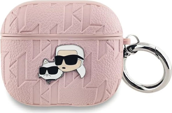 Mbështjellës për AirPods Karl Lagerfeld Monogram Karl & Choupette Head, AirPods 3, eko-lëkurë, me karabinë, rozë, me kuti