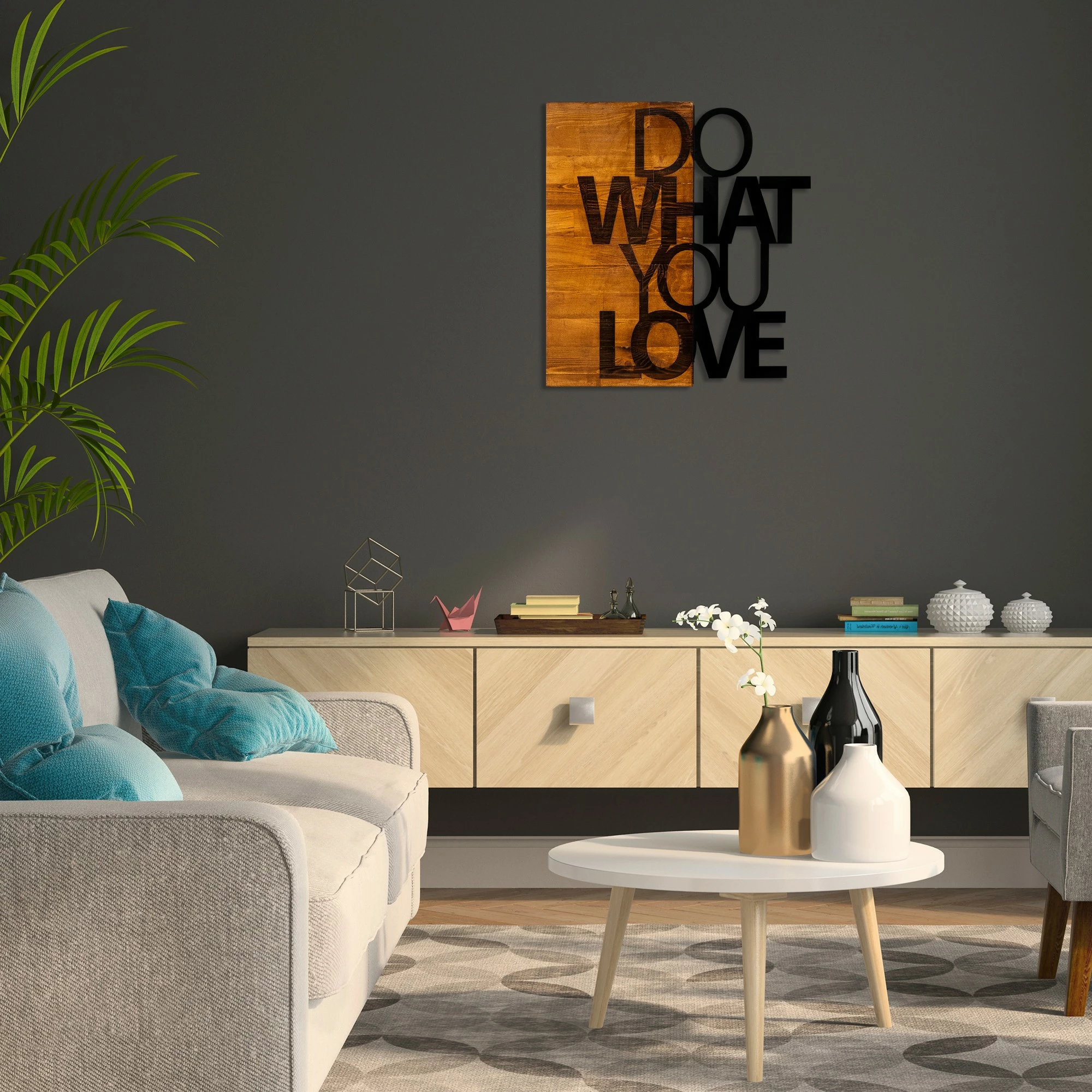 Aksesor dekorativ për mur, dru dhe metal, ngjyrë arre dhe e zezë, 54x58cm, Wallity, Do What You Love