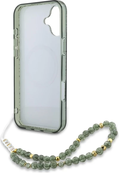 Mbështjellës Guess IML Flowers Allover Electro me pearl strap, për iPhone 16, MagSafe, Gjelbër