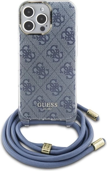 Mbështjellës Guess Crossbody Cord 4G Print për iPhone 16 Pro, Kaltër