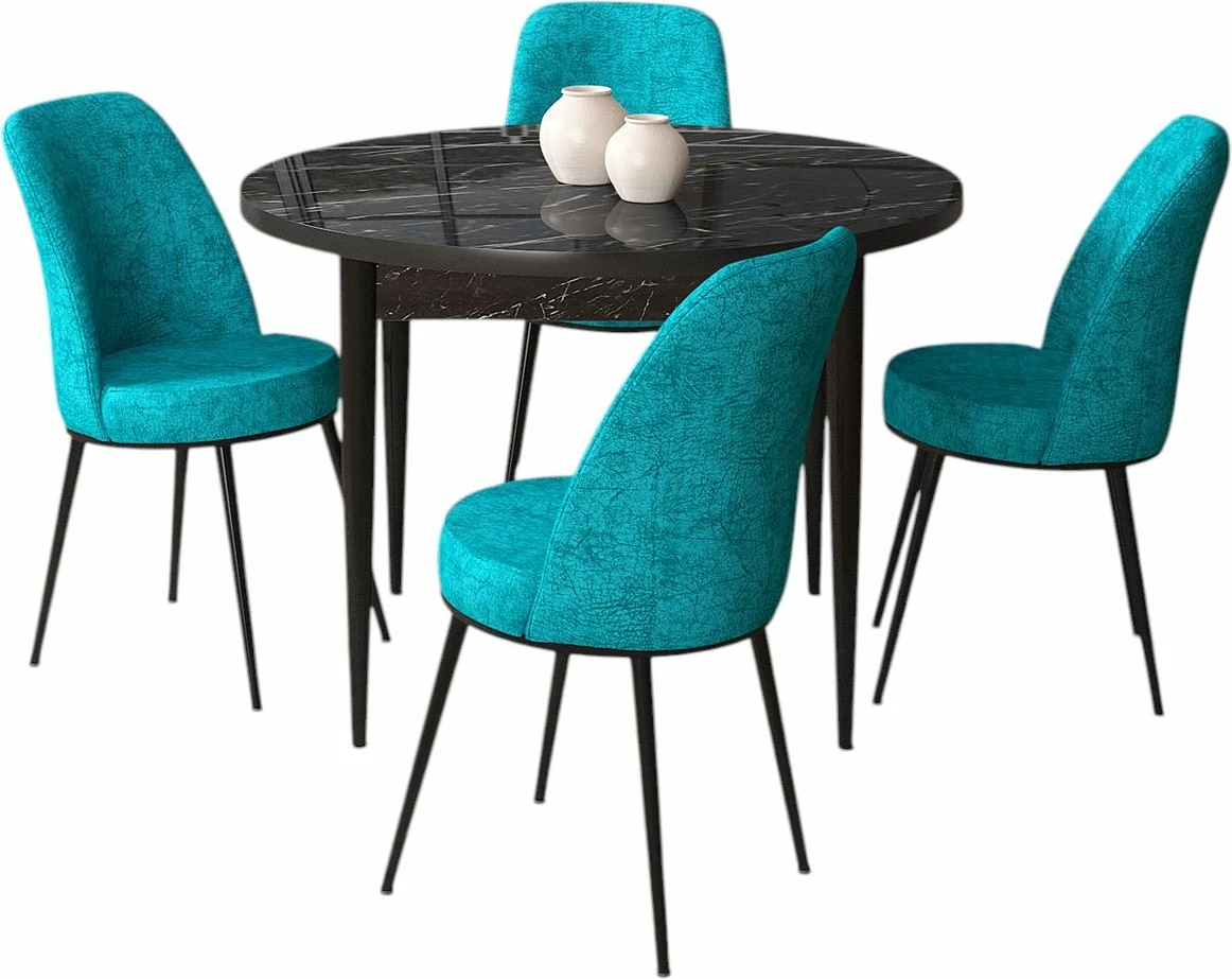 Tavolinë me karrige (5 copë), Skye Decor, mermer i zi, karrige ngjyrë tyrkiz