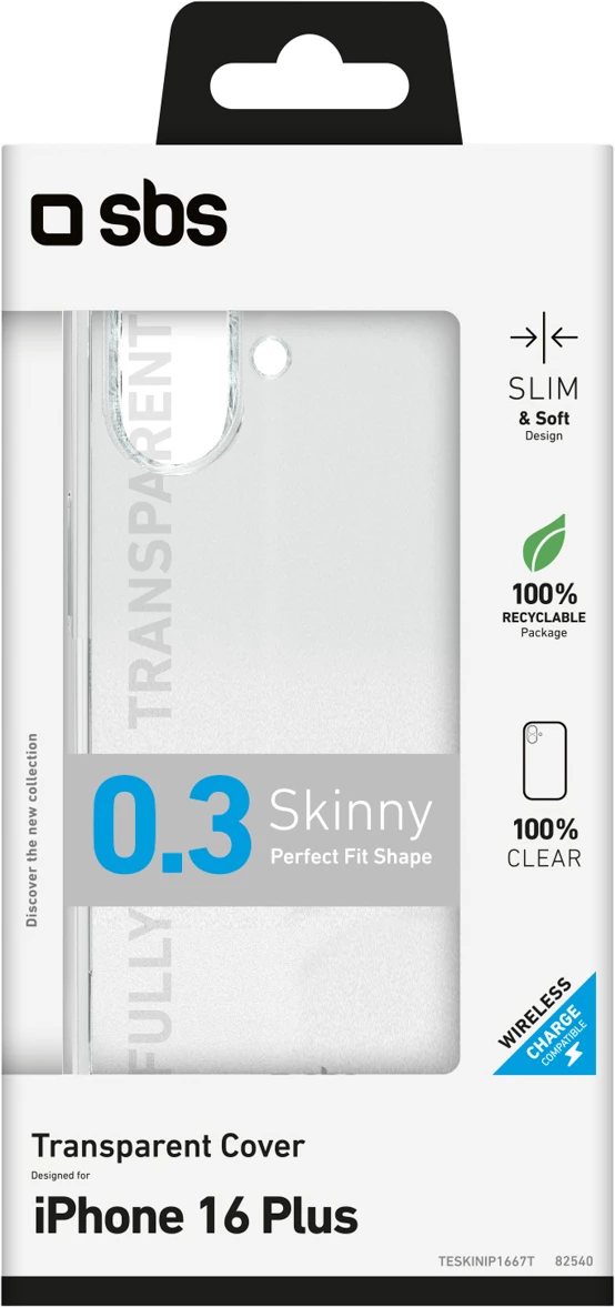 Mbështjellës SBS Skinny Cover për iPhone 16 Plus, TPU, i hollë, transparent