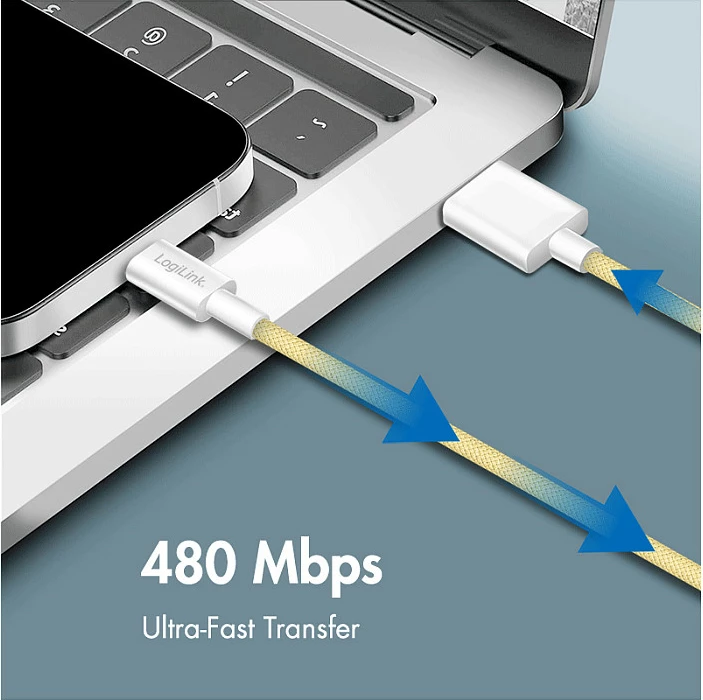 Kabllo USB LogiLink USB-A në USB-C, USB 2.0, 0.5 m, 60W, najlon, e verdhë