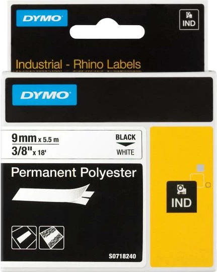 Shirit etiketimi Dymo Rhino Industrial S0718240 (18482) 9mm x 5.5m poliester i përhershëm, zi mbi të bardhë