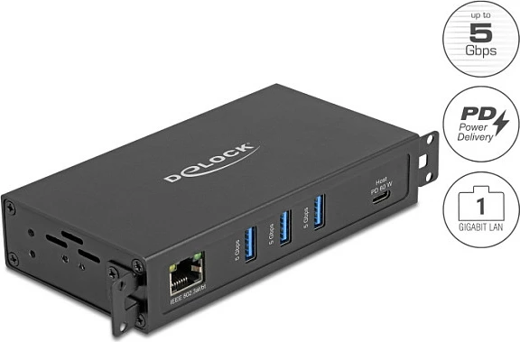 USB hub DeLOCK, 3x USB-A 5Gbps + RJ45 Gigabit PoE++ 60W, USB-C, metal, i zi