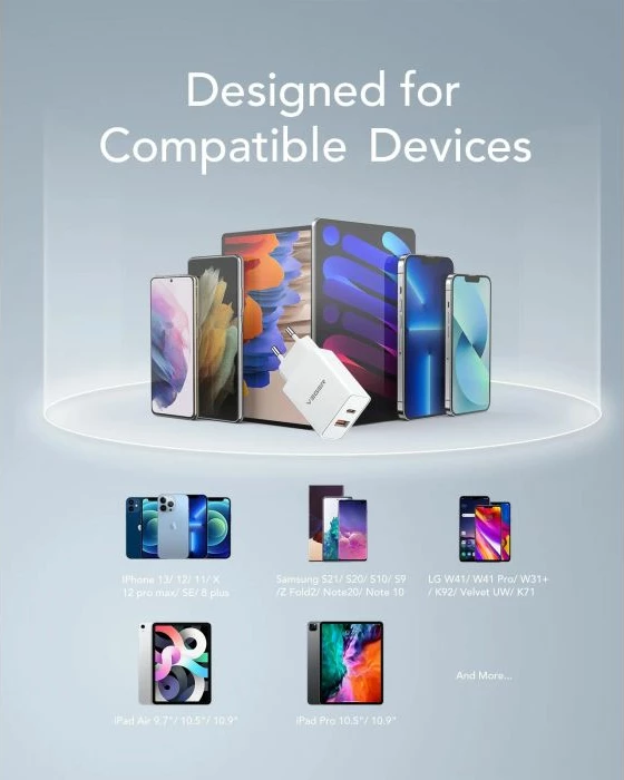 Karikues muri VEGER VLS302U, 2-port USB-A/USB-C, PD3.0/QC3.0 30W, i bardhë